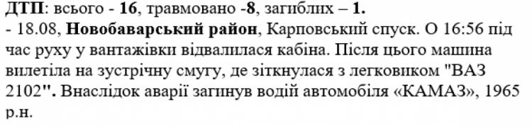 Допис зі сводки ОДА щодо смерті водія вантажівки